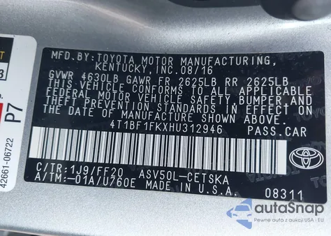 2017 Toyota Camry Se из США, поврежденный, VIN 4T1BF1FKXHU312946